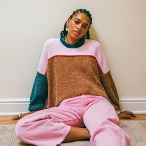 Urban Outfitters Pink Blue Brown Color blocked Cropped Sweater Size L - Picture 1 of 9